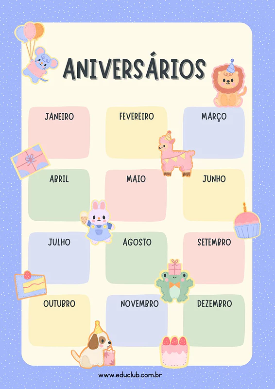 Painel de aniversariantes do mês para imprimir | Educlub
